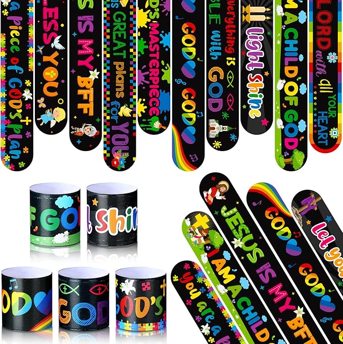 Frienda 40 Pcs Bible Verses Religious Christian Slap Bracelets for Kids VBS Jesus Love You Wristbands Inspirational Motivational Christian Slap Bracelets Sunday School Supplies (Religious)