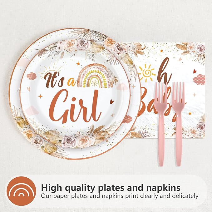 96 Pcs Boho Baby Shower Decorations for Girl Disposable A Little Ray of Sunshine Paper Plates and Napkins Boho Rainbow Baby Shower Tableware Set for Girl Birthday Party Supplies