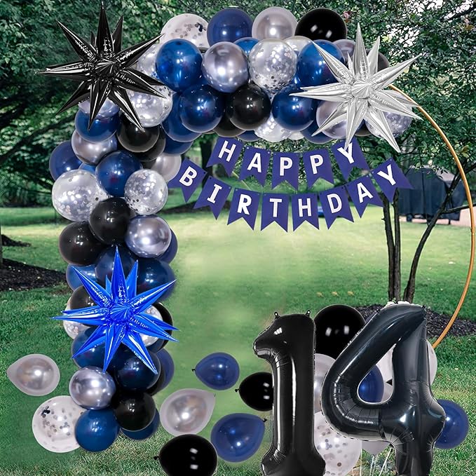14th Birthday Decorations for Boys and Girls Dark Blue, 14 Party Decorations with HAPPY BIRTHDAY Banner 14 Balloon Number Tablecloth Foil Star Balloons Garland Arch Kit-14 Year Old Party Supplies