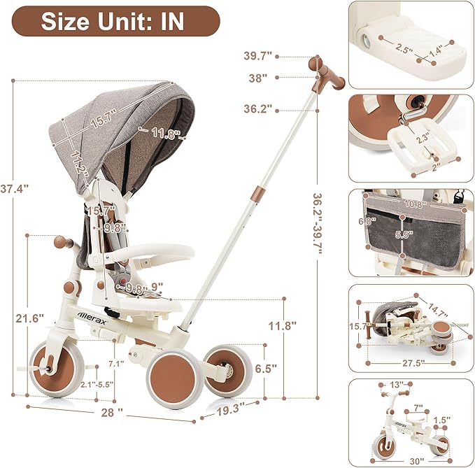 7-in-1 Foldable Toddler Tricycle Removable Pedal, Canopy and Guardrail Adjustable Push Handle, Ages 1Y-6Y