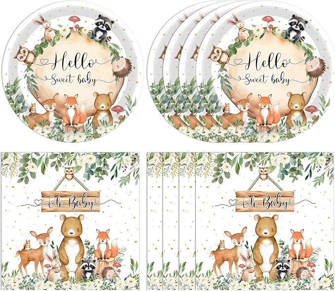 40PCS Woodland Animals Baby Shower Decoration Include Woodland Plates and Napkins Set for Forest Animal Neutral Gender Reveal Party Supplies Woodland Themed Birthday Party, Serves 20