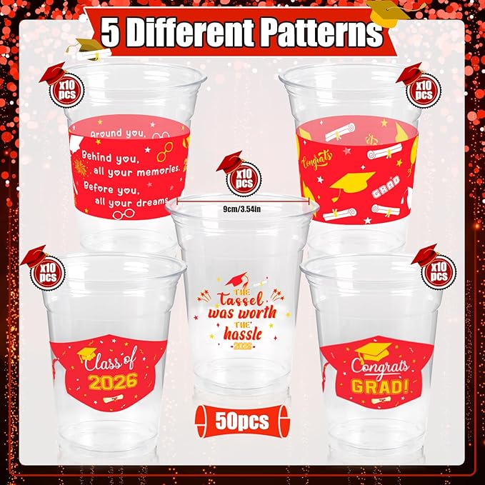 GuassLee Red Gold Graduation Decorations 2026 Party Cups - 50pcs 12 Oz Red and Gold Disposable Graduation Plastic Clear Cups for Drinks Class of 2026 Grad Party Supplies
