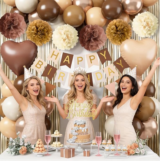 Brown Birthday Decorations, Tan Beige Cream Neutral Boho Balloons Happy Birthday Banner Fringe Curtain Heart Foil Balloons for Women Boys Girls Boho Baby Shower Bachelorette Party Decoration Supplies