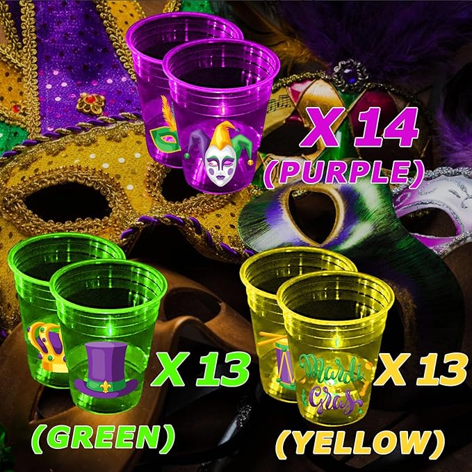 mishunyus 40 Pcs Mardi Gras Glow Cups for Party Theme Decorations, Party Favors Supplies, Accessories, Carnival Favors, New Orleans Style Party (16 oz)