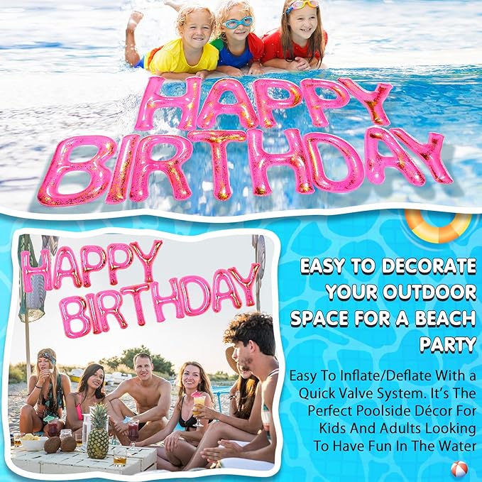 Shappy 20'' Happy Birthday Pool Large Floating Letter Balloons with Adhesive Dots Inflatable Pool Decorations for Summer Birthday Party