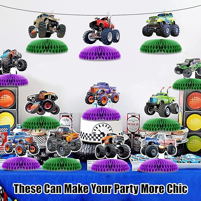 12 PCS Monster Truck Party Table Decorations, Monster Truck Birthday Honeycomb Centerpiece, Racing Car Theme Birthday Decoration for Boys Girls Baby Shower Kids Cake Decorations Party Supplies
