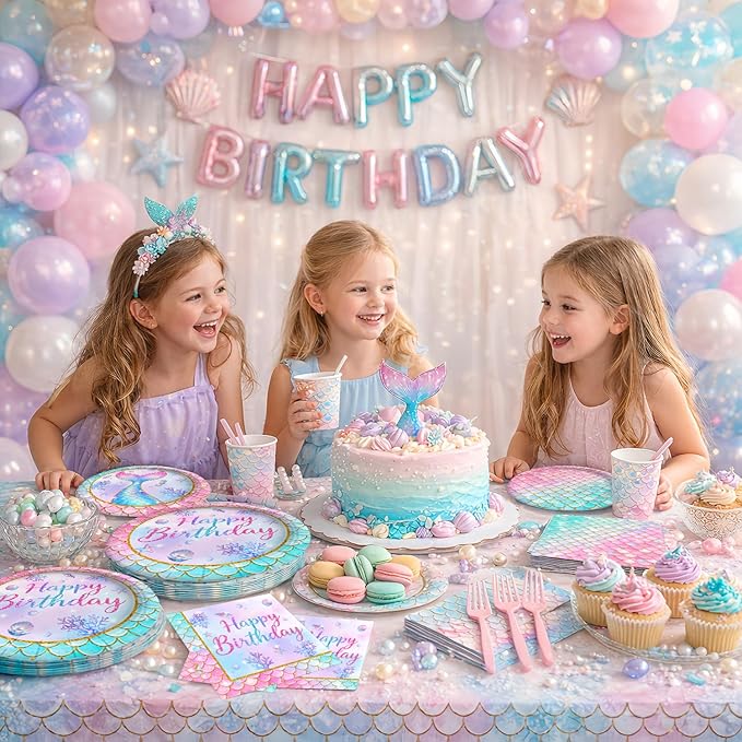 96 Pcs Mermaid Plates and Napkins Tableware Set (Serve 24), Mermaid Birthday Party Decorations, Party Supplies Include Plates Napkins Plastic Forks for Baby Shower