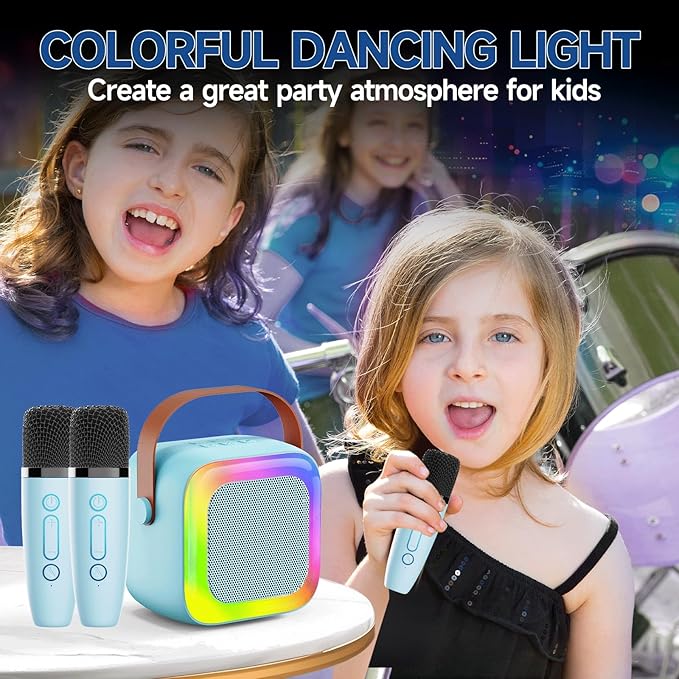 Mini Karaoke Machine for Kids Teen Adults, Kids Karaoke Machine with 2 Wireless Microphones and LED Lights Toys for Party, Home, Gifts for 4 5 6 7 8 9 10 11 12+ Years Girls Boys(Blue)