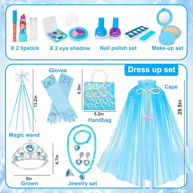 Frozen Toys Makeup & Dress Up Set for Girls 3 4 5 6 Year Old Kids Makeup Kit Princess Real Make up Pretend Play Toy Frozen Costumes Nail Polish Set Birthday Gifts for Girls Toddlers Ages 3-5 4-7 6-8