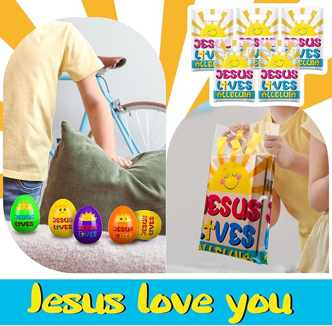 108 Pcs Easter Religious Party Favor Easter Eggs Fillers Christian Goody Bags Jesus Loves You Wristbands Party Supplies for Gift Church (Jesus Lives)