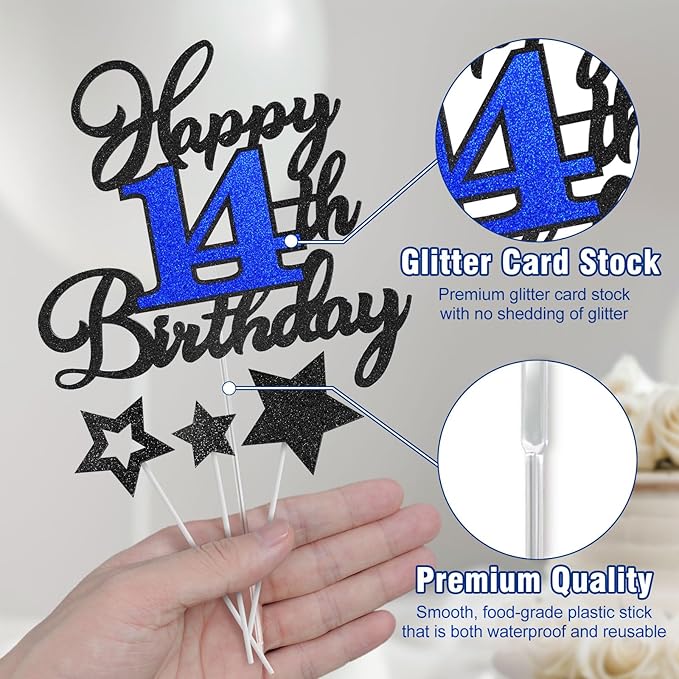 14th Birthday Cake Topper, Black Blue Happy 14th Birthday Cake Toppers for Boy Girl, 14 Years Old Birthday Party Supplies, Glitter Cake Decor, 14th Birthday Cake Decorations