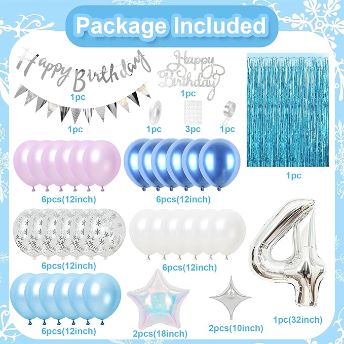 4th Snow Birthday Decorations for Girl, Blue Purple Balloons with Happy Birthday Banner Curtain Silver Number 4 Balloon Iridescent Star Foil Balloons for Girls Baby Shower Birthday Party Supplies