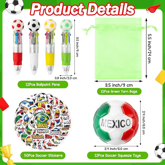 CY2SIDE 12 Pack Soccer Squeeze Toy Party Favor Gift Set with Ballpoint Pen Sticker and Organza Bag 2.5’’ Multi-Soccer Foam Stress Ball Classroom Prize for Kid Sport Lover Birthday Goodies Bag Stuffer