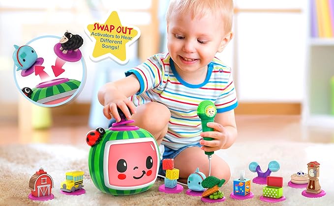 eKids Cocomelon Toy Karaoke Machine for Kids with Microphone and Musical Activators, Includes Night Light with Sleep Sounds and Lullabies for Toddlers, Green