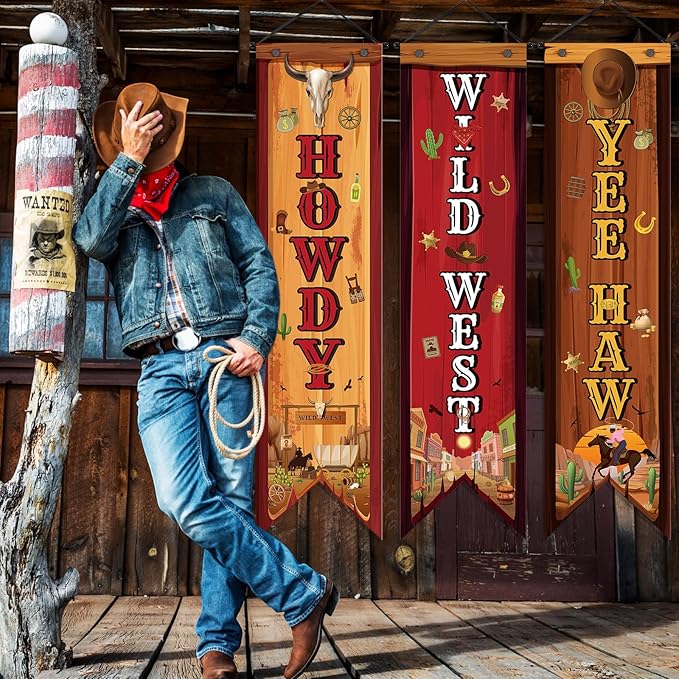 3 Western Party Decorations Cowboy Banners Wild West Hanging Decor Howdy Yes Haw Porch Sign Backdrops for Indoor Outdoor Cowboy Birthday Photo Props Wedding Party Supplies (Western)