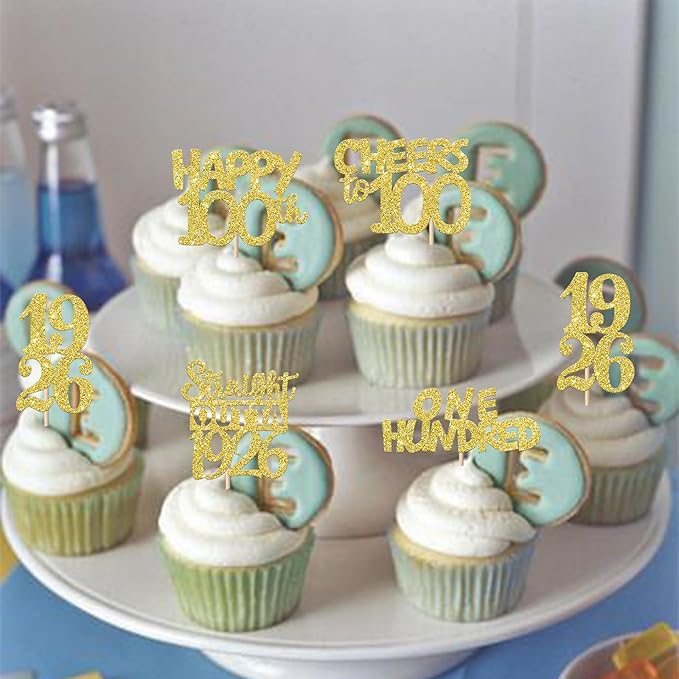 30PCS Happy 100th Birthday Cupcake Toppers Gold Glitter One Hundred Years Straight Outta 1926 Cupcake Picks 100 Fabulous Cake Decorations for 100th Birthday Anniversary Party Decoration Supplies