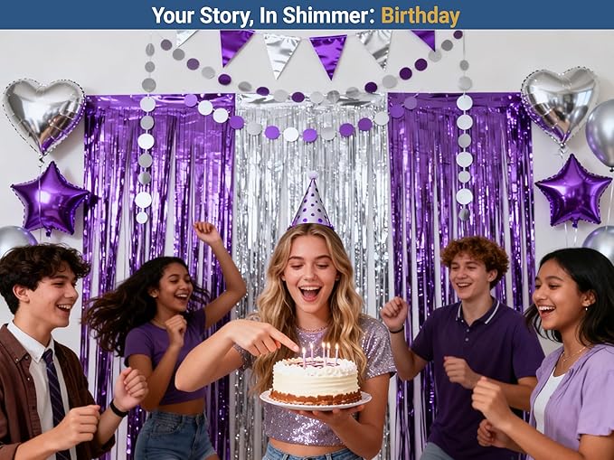 3 Packs Purple Silver Foil Fringe Curtains, Birthday Party Decorations Backdrop Tinsel Steamer, Wedding Engagement Bridal Shower Party Decorations Retirement Decor Graduation Party Backdrop