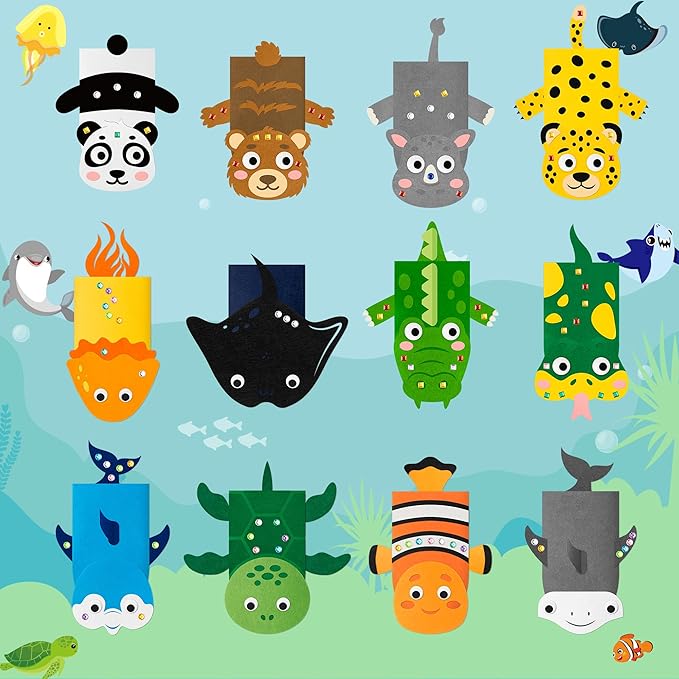 WATINC 12Pcs Hand Puppet Making Kit, Art Craft Felt Sock Puppet Toys, Creative DIY Make Your Own Pompoms Wiggle Googly Eyes Storytelling Role Play Party Supplies Gift for Girls Boys (Ocean A Wild A)