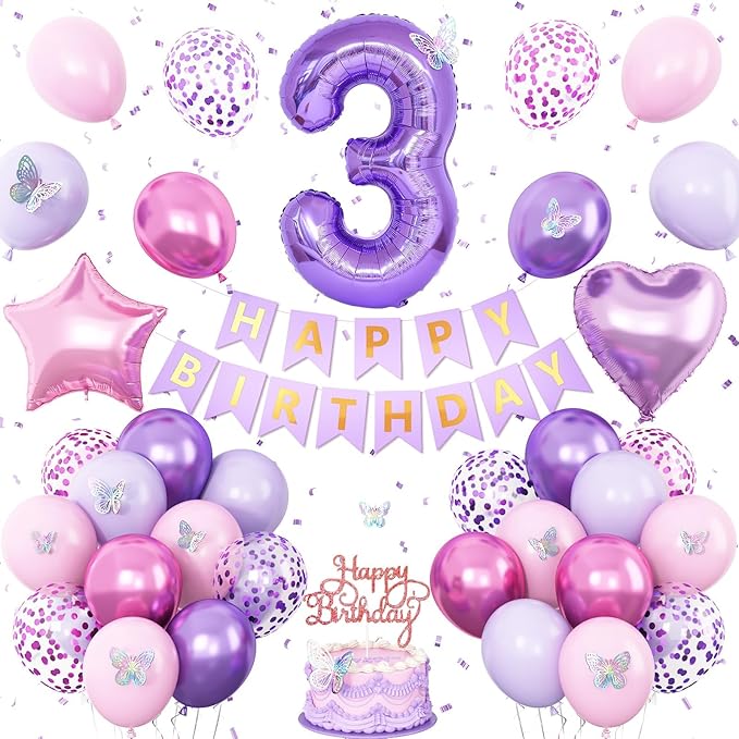 3rd Birthday Decoration for Girls,Pink Purple 3rd Birthday Balloon Number 3 Balloon with Butterfly Stickers Star Heart Foil Balloons Banner Princess Party Decoration for 3 Year Old Party