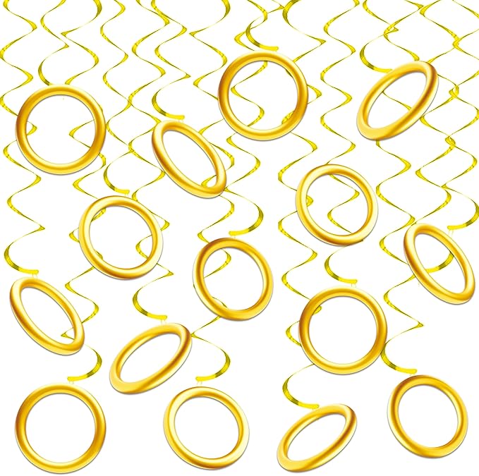 20pcs Golden Rings Birthday Party Decorations Golden Rings Hanging Swirls Video Game Party Ceiling Streamers for Cartoon Theme Birthday Party Supplies