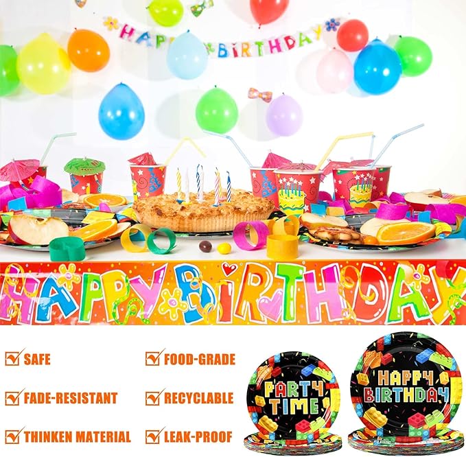 100 Pcs Building Block Party Supplies Building Block Party Plates Napkins Tableware Building Block Party Decoration Favor for Building Block Party Birthday Party (Building Block Party Style)