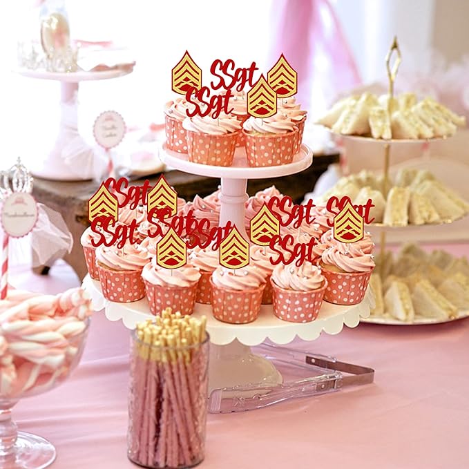 24 Pack SSGT Staff Sergeant Cupcake Toppers Glitter Military Bound Glitter Emblem Badge Cupcake Picks for Military Army Themed Cake Decorations Birthday Party Supplies Red Gold