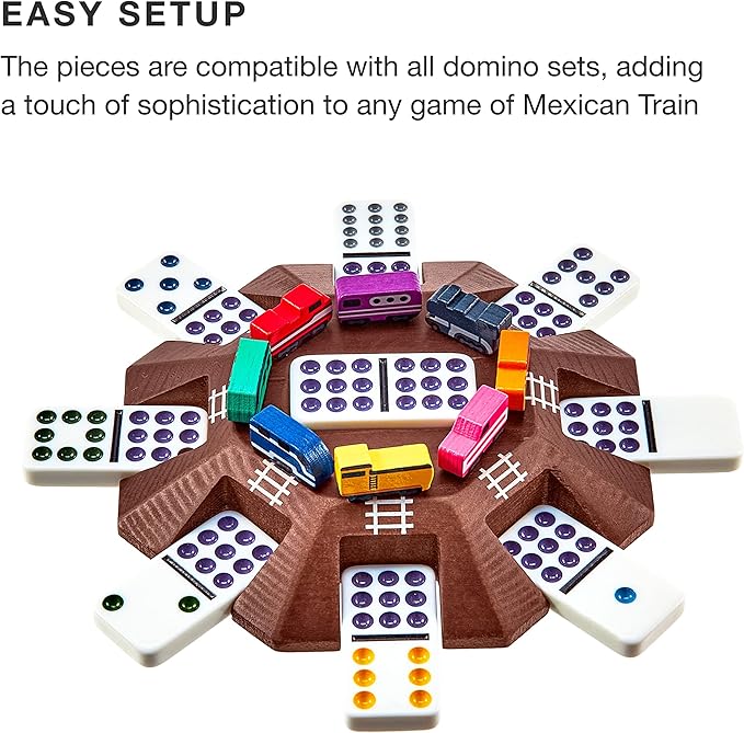 Brybelly 8-Pack Mexican Train Dominoes Tokens Premium Wood Upgrade Pack - Real Wood Markers Modeled After Real Trains - Detailed Colorful Screen Print - Great Gift - Board Game Tile Accessories