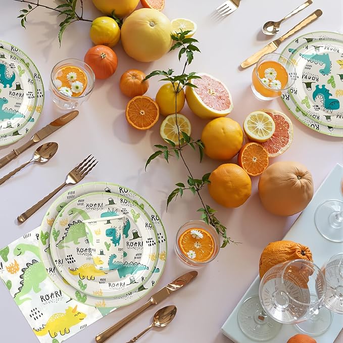 96Pcs Dinosaur Party Plates Green Dino Paper Plates and Napkins, Cups Disposable Tableware Set for 24 Guests Kids Birthday Party Picnic Baby Shower Tea Party Supplies Decorations