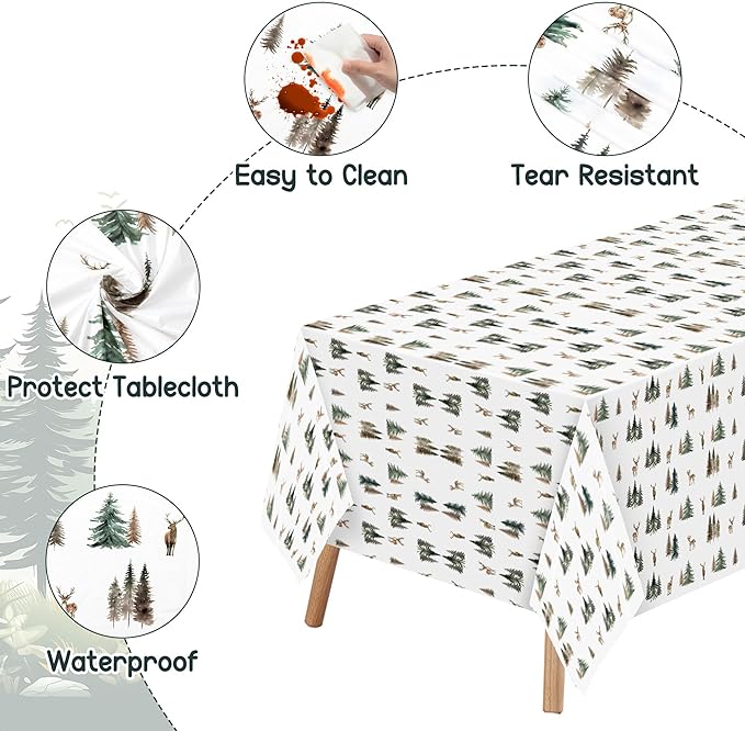 Winter Deer Table Cover - 3Pcs Watercolor Forest Flower Deer Pine Tree Disposable Plastic Rectangle Pack Merry Christmas Xmas Table Cloth Baby Shower Holiday Party Decor Decoration Supplies