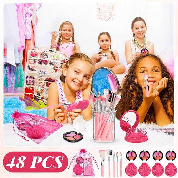 12 Sets Kids Makeup Kit for Girls, Kids Spa Party Supplies for Girls, Sleepover Makeup Cosmetic Set Birthday Party Favors Toddler Girl(Rose Red)