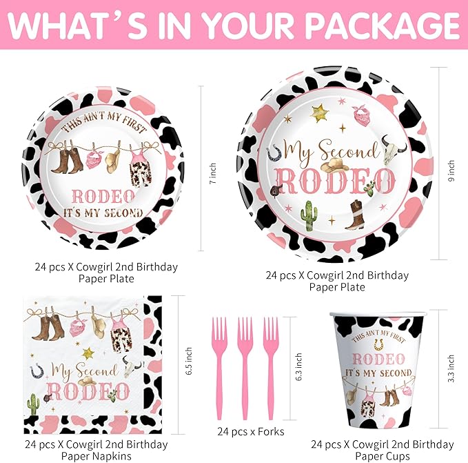 Western Cowgirl 2nd Birthday Party Supplies, Wild West My Second Rodeo Birthday Decorations Tableware Girl, Paper Plate, Cup, Napkin, Fork | Serve 24
