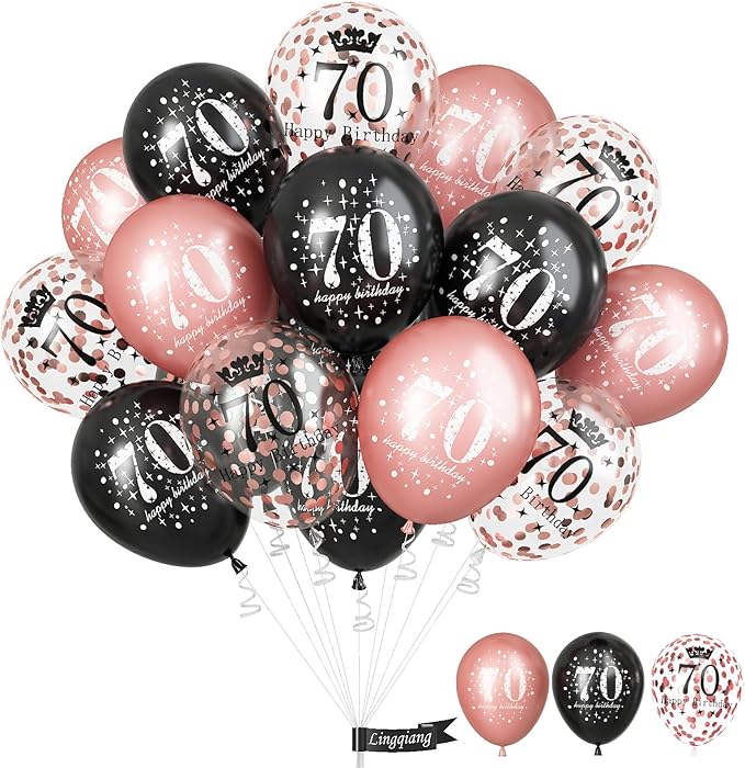 70th Birthday Decorations for Women, Black Rose Gold Happy 70th Birthday Latex Balloons Set, Pack of 15 70th Party Decor Balloons for Age 70 Years Old Birthday Party Decoration Celebration Supplies