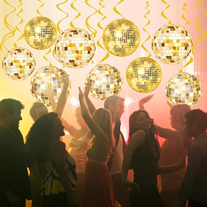 20Pcs Gold Disco Ball Hanging Swirls 70s Disco Birthday Party Decoration Gold Disco Ball Themed Swirl Ceiling Hanging Streamers for 70s 80s New Year Party Decoration Disco Fever Supplies(Paper)