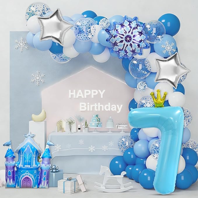 7Pcs 7th Birthday Party Decorations Balloons,Winter Snowflake Balloons Large Blue 40 Inch Number 7 Balloon Foil Star Castle Ballon for Birthday Party Favor Decor Supplies Winter Wonderland Decoration