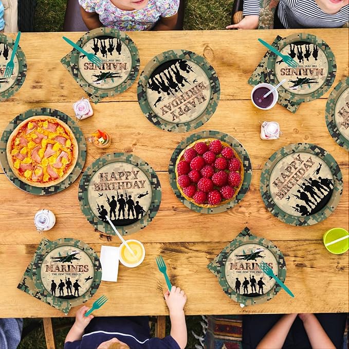 96Pcs Military Camo Birthday Party Supplies Army Camouflage Plates and Napkins Disposable Solider Themed Tableware Set for Boys Men Birthday Camping Hunting Party Decorations Serves 24