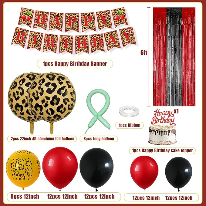 Red Cheetah and Cherry Birthday Decorations, Leopard Brithday Banner Red Black Cheetah Print Balloons Fringe Curtain Cake Toppers for Girls Women Birthday Bachelorette Party Decoration Supplies