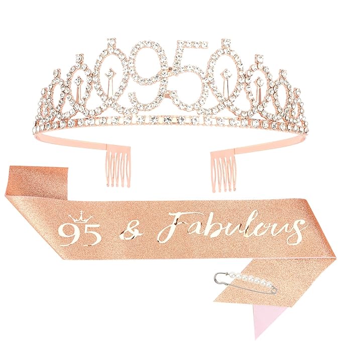 CIEHER 95th Birthday Crown and Sash, 95 & Fabulous Sash, 95th Birthday Decorations for Women - Rose Gold