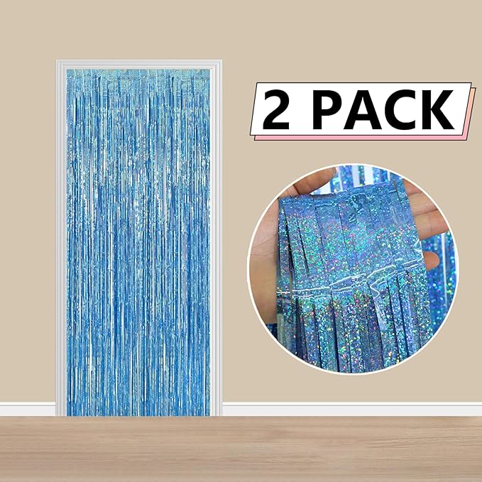 2 Pack Blue Foil Fringe Curtains, 3.3x6.6 Ft Metallic Tinsel Backdrop Party Decorations Door Blue Streamers for Birthday Wedding Engagement Decor,Photo Booth Props, Party Supplies