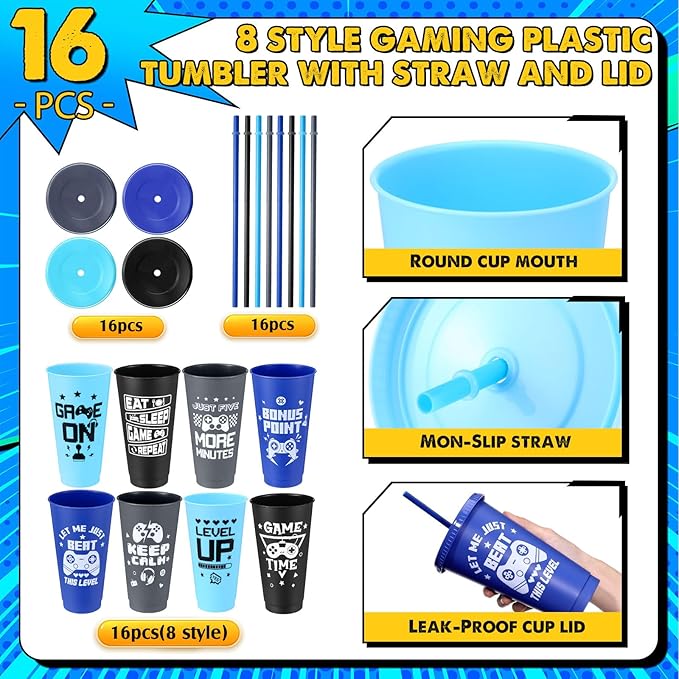 16 Pcs Video Game Plastic Cups Gaming Party Favor with Lids and Straws 24 oz Gamer Reusable Tumbler Water Mug for Fun Video Birthday Party Supplies for Adults (Gray Light Blue Black Dark Blue)