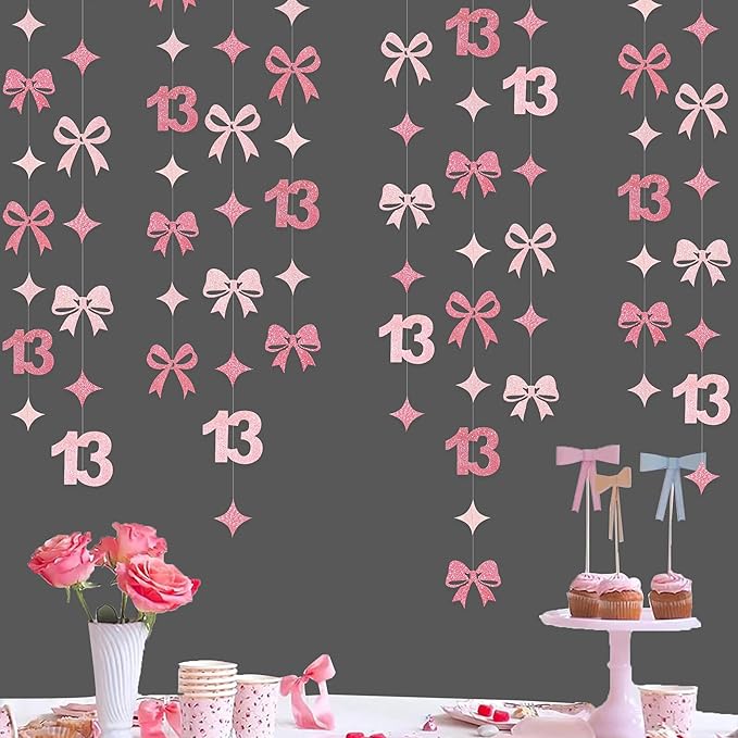 Glitter Pink 13th Bow Birthday Decorations Hot Pink Conquette Bow Garland Streamer Banner Backdrop for Girls Happy 13th Birthday Official Teenager Cheers to 13 Years Old Anniversary Party Supplies