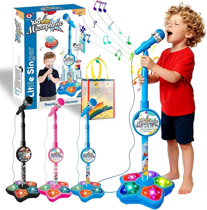 All in One Microphone Toy for Kids, 2026 New Kids Microphone with Adjustable Stand, Karaoke Microphone with Speaker & Colorful LED, for Phones, MP3 & Tablets, for Boys Girls (Blue)