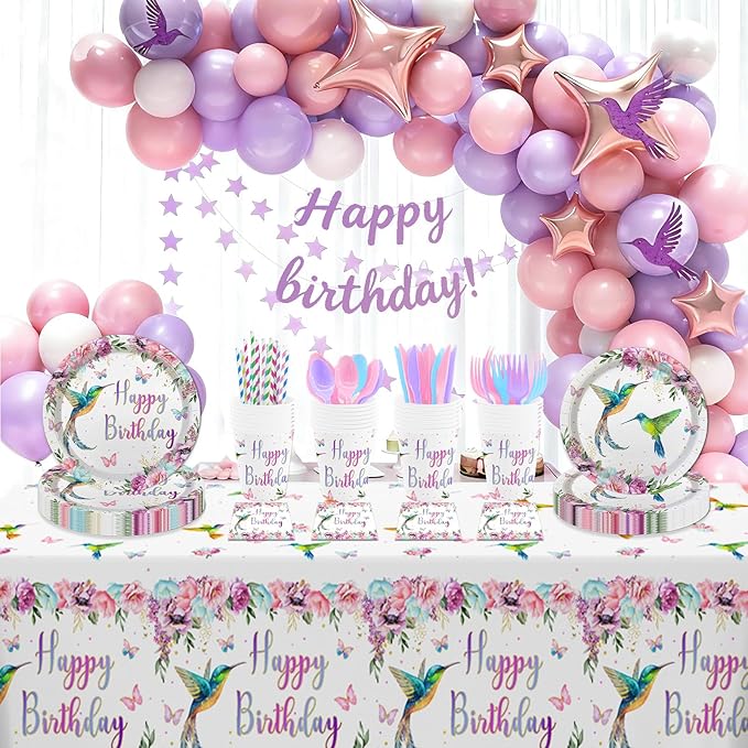 MEHOFOND Hummingbird Birthday Party Decorations, Bird Party Supplies, Spring Floral Watercolor Disposable Tableware Set 193Pcs Plates Napkins Plastic Tablecloth for Birthday Party