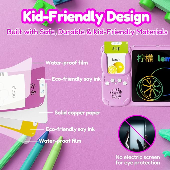 Drawing Tablet with Bilingual Flashcards for Kids - Chinese English Talking Flash Cards, LCD Writing Pad Board, Pocket Speech for Toddlers, Learning Toy Gift for Boys Girls (Chinese, Pink)