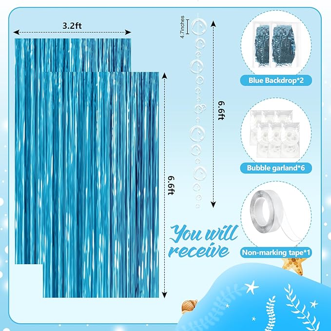 Under The Sea Party Decorations,2 Blue Fringe Backdrop 6 Bubble Garlands with Tape for Beach,Water,Pool,Ocean Themed Decor,Mermaid Birthday Photo Props,Ocean Baby Shower Party Supplies