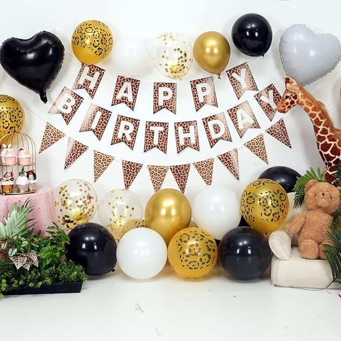 Leopard Print Happy Birthday Decorations, Gold Cheetah Print Animal Balloons Black White and Heart Balloons with Birthday Banner for Safari Wild Birthday Baby Shower Jungle Zoo Theme Party Supplies