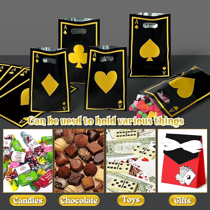 Casino Party Favor Bags - 60Pcs Black and Gold Casino Goody Candy Treat Gifts Bags, Las Vegas Poker Themed Party Decorations for Adults Kids Birthday Indoor Game Events Supplies