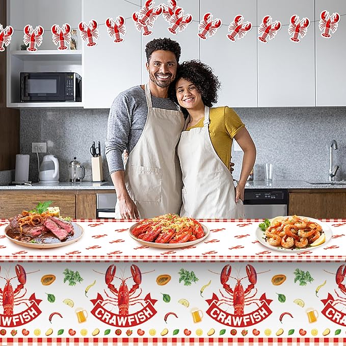 Iceyyyy 4 Pcs Crawfish Party Decorations Set-108"x54" White and Red Tablecloth & 32.8Ft Lobster Banner-Crawfish Boil Party Supplies for Birthday Party Lobster Festival Summer Barbecue Decor Supplies