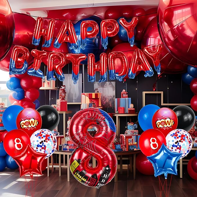 Cartoon Hero 40 Inch Red and Blue Spider Theme Number Foil Birthday Decoration Balloon, Spider Theme Happy Birthday Banner Party Decoration Balloon, Letter Logo Superhero Party Supplies (8)