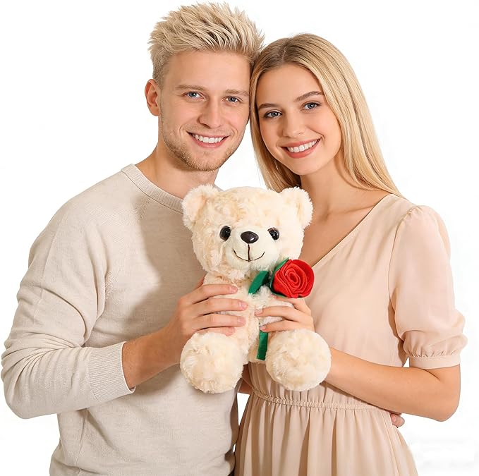 Teddy Bear Stuffed Animal Cute Flower Plush Doll Toy 8 inch for Girls Boys Christmas (Bear Flower White)