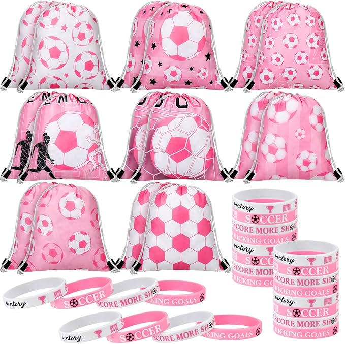 32 Pcs Pink Soccer Party Favors Set 16 Drawstring Goodie Bags 16 Silicone Wristband Snack Treat Candy Bags Motivational Bracelets Pink Sports Birthday Party Supplies Decorations for Women